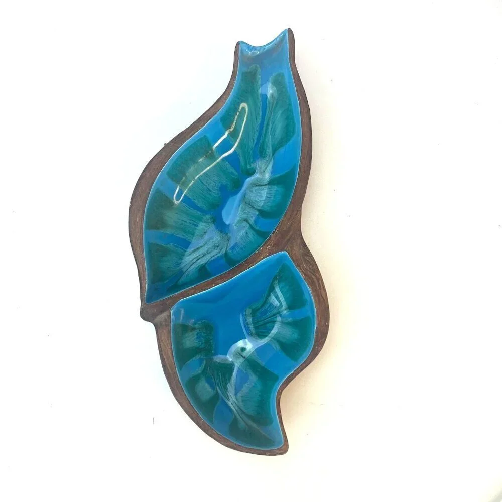 California Pottery Nut Candy Dish MCM Vintage Mod Art Deco Blue and Green USA 60